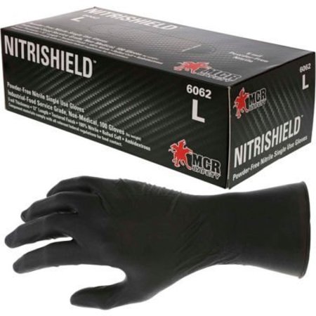 Mcr Safety Nitrile Disposable Gloves, 6 mil Palm, Nitrile, Powder-Free, L, Black 6062/L